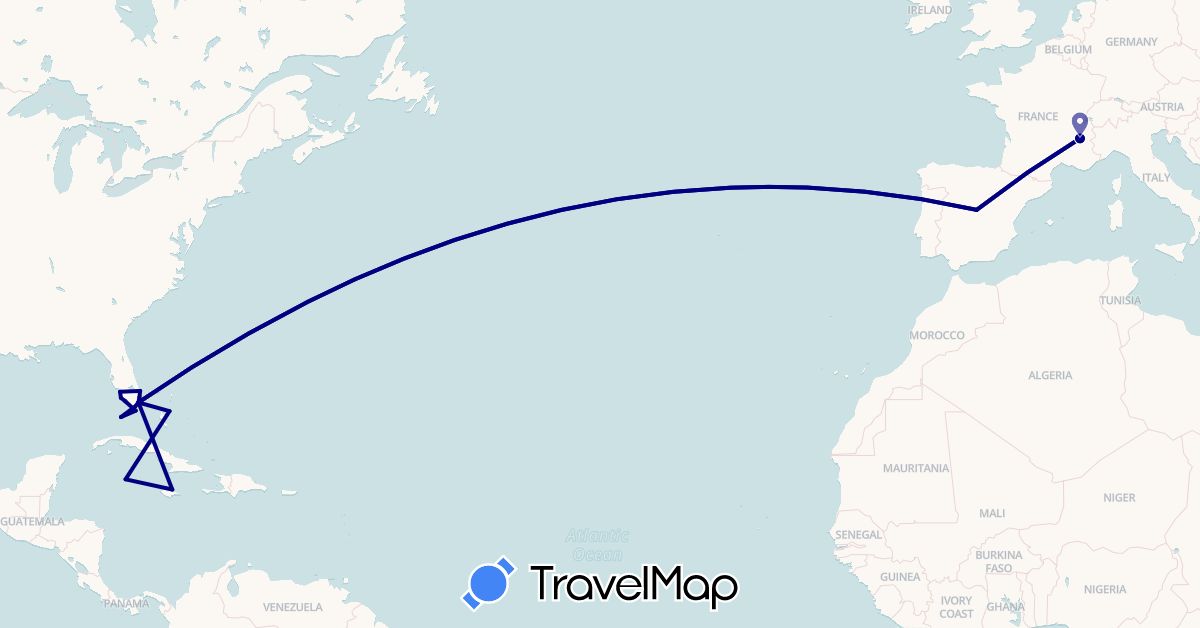 TravelMap itinerary: driving in Bahamas, Spain, France, Jamaica, Cayman Islands, United States (Europe, North America)
